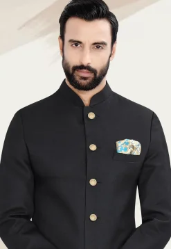 Solid Color Terry Rayon Sherwani in Black