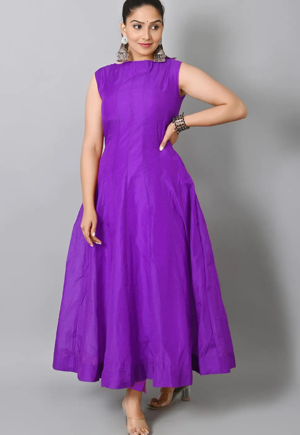 Solid Color Two Toned Silk Abaya Style Suit in Purple