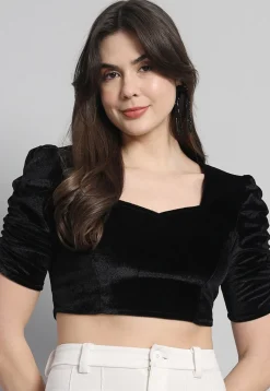 Solid Color Velvet Blouse in Black