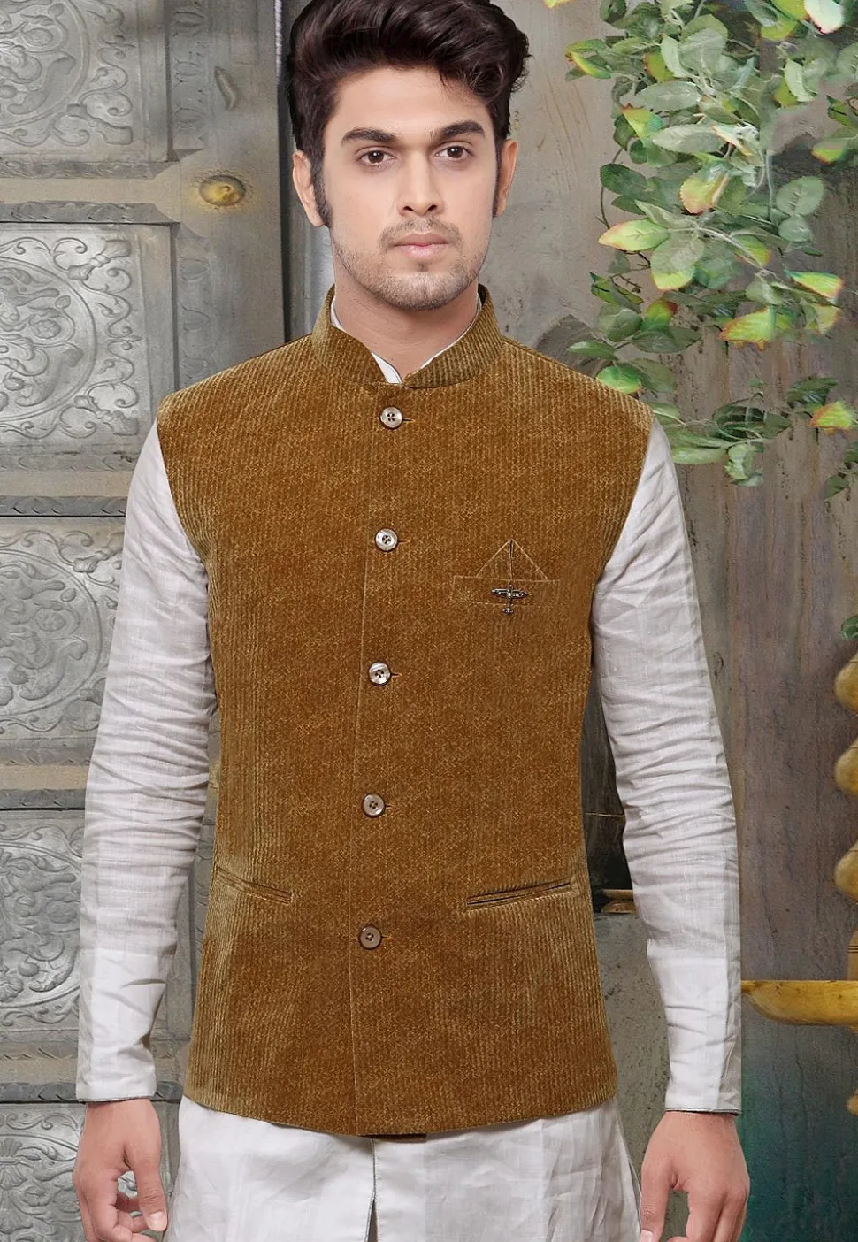 Solid Color Velvet Jacket in Beige