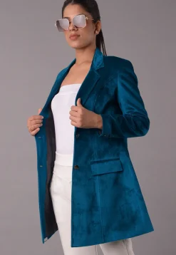 Solid Color Velvet Jacket in Teal Blue