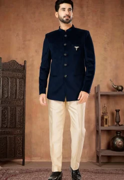 Solid Color Velvet Jodhpuri Suit in Navy Blue