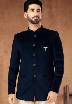 Solid Color Velvet Jodhpuri Suit in Navy Blue