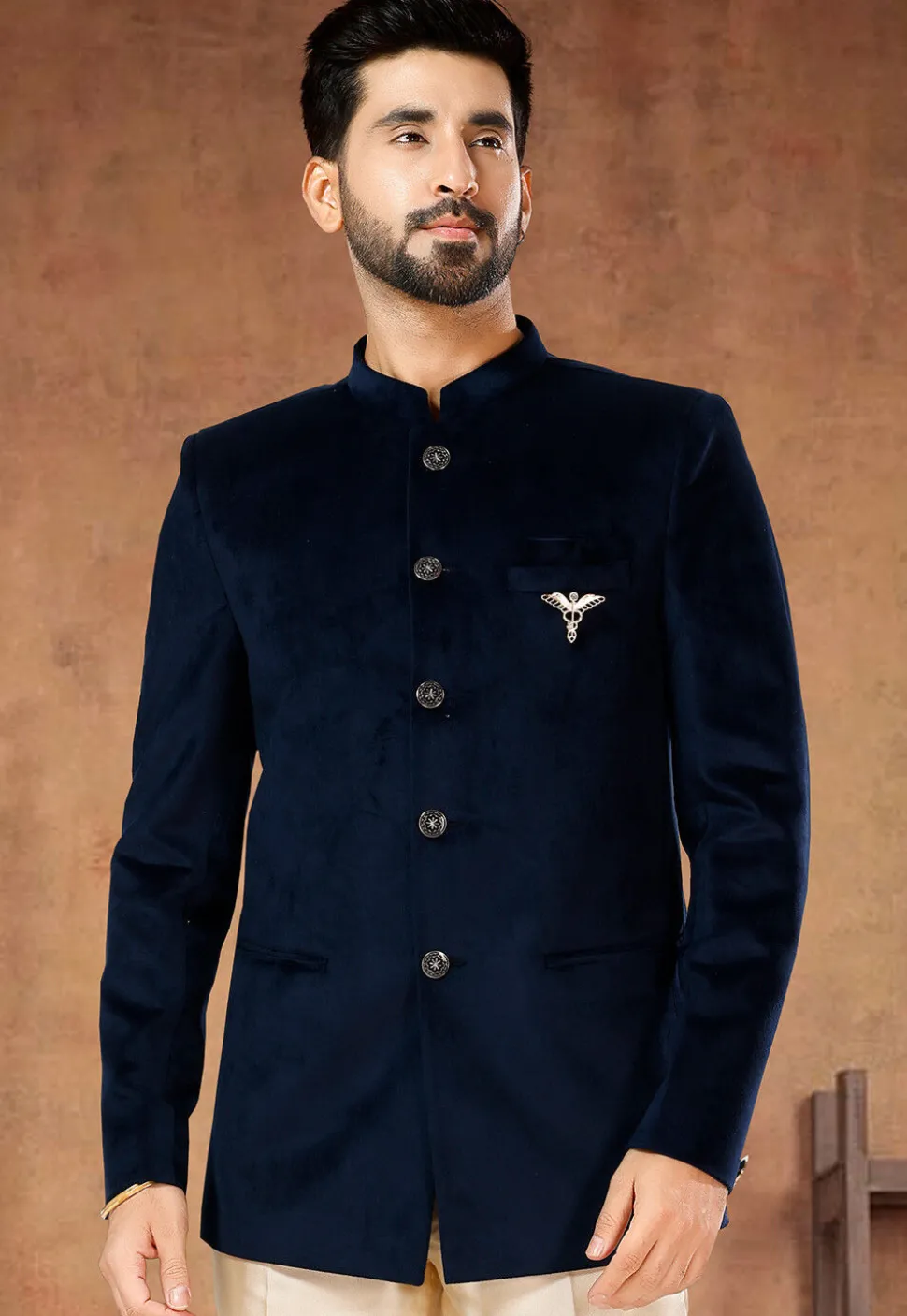 Solid Color Velvet Jodhpuri Suit in Navy Blue