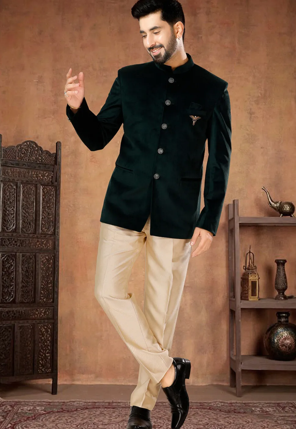 Solid Color Velvet Jodhpuri Suit in Dark Green