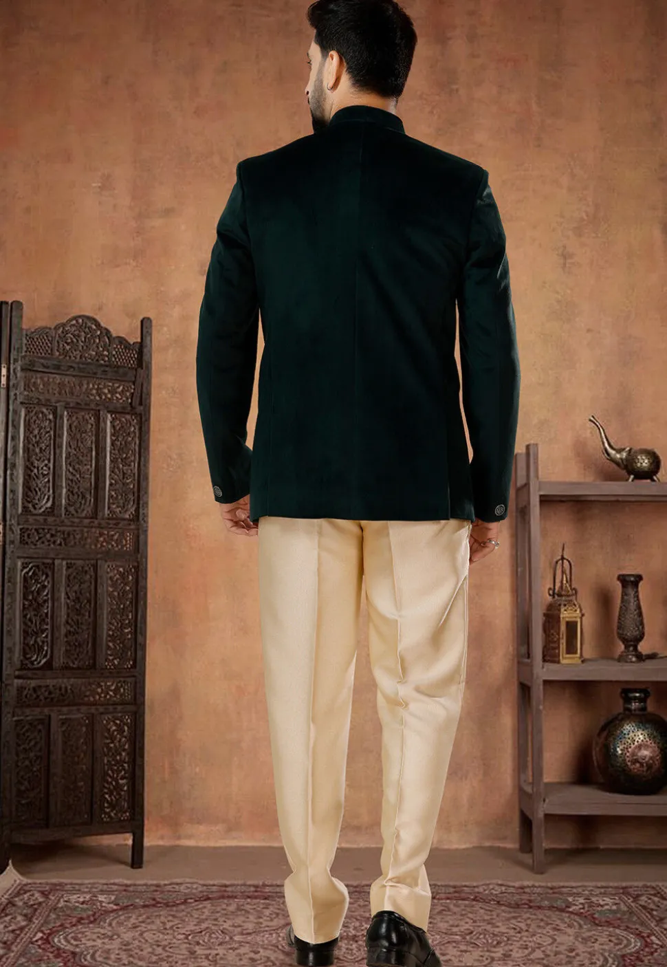 Solid Color Velvet Jodhpuri Suit in Dark Green
