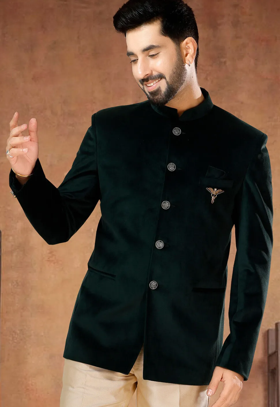 Solid Color Velvet Jodhpuri Suit in Dark Green