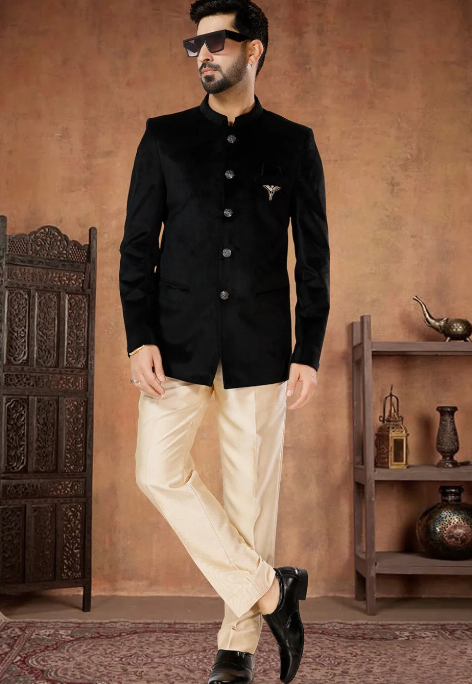 Solid Color Velvet Jodhpuri Suit in Black
