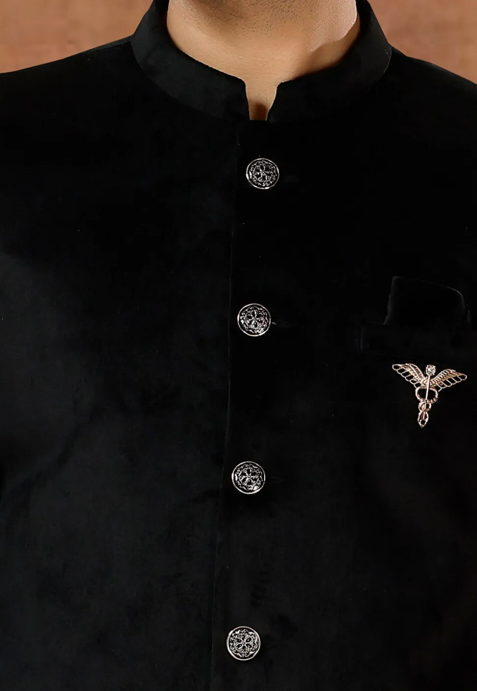Solid Color Velvet Jodhpuri Suit in Black