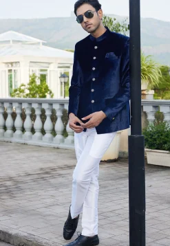 Solid Color Velvet Jodhpuri Suit in Navy Blue