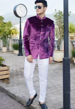 Solid Color Velvet Jodhpuri Suit in Purple