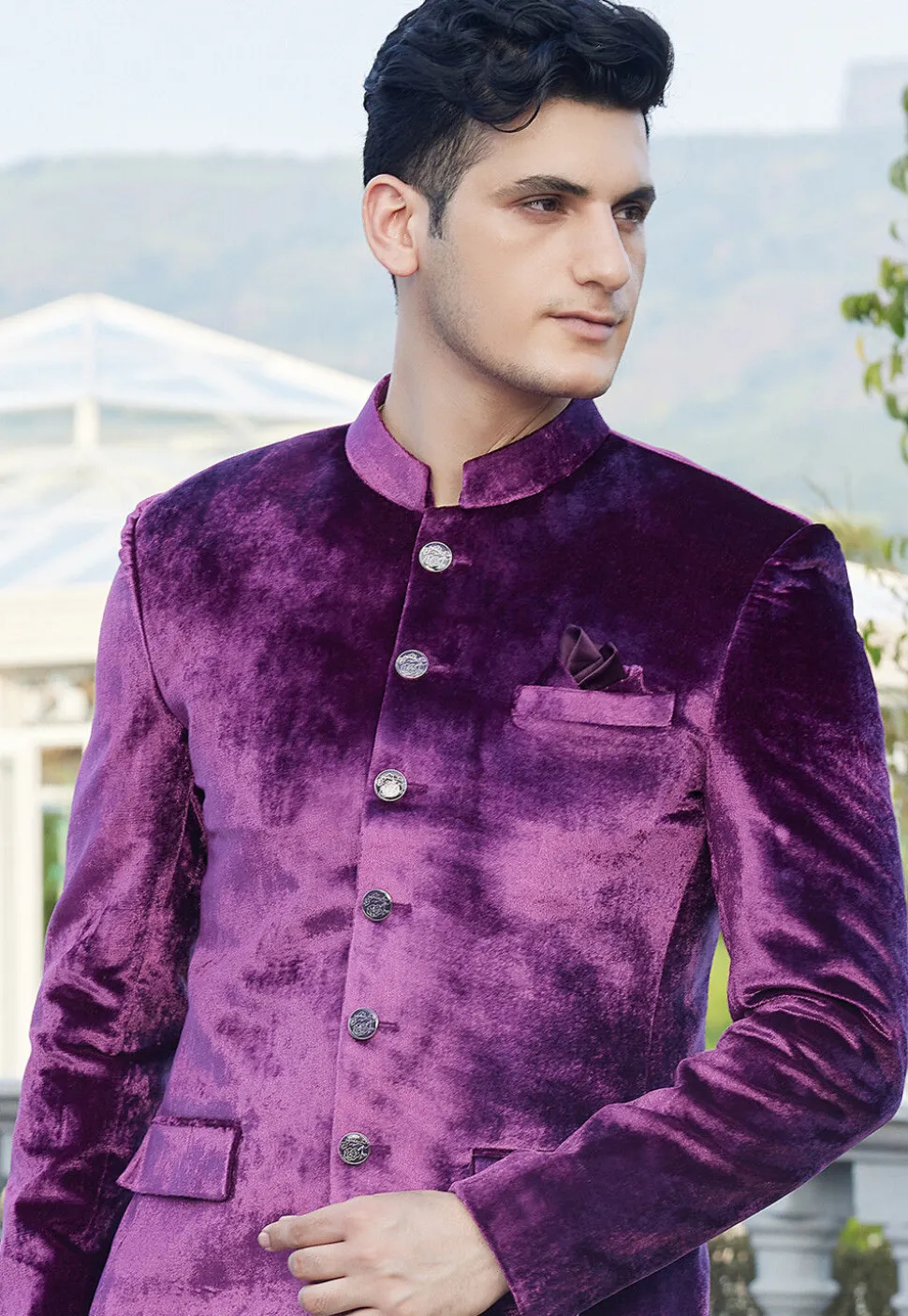 Solid Color Velvet Jodhpuri Suit in Purple