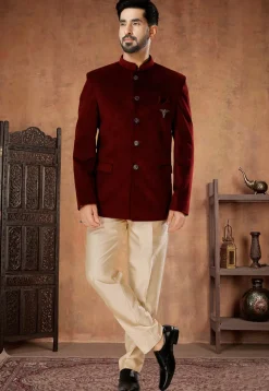 Solid Color Velvet Jodhpuri Suit in Maroon