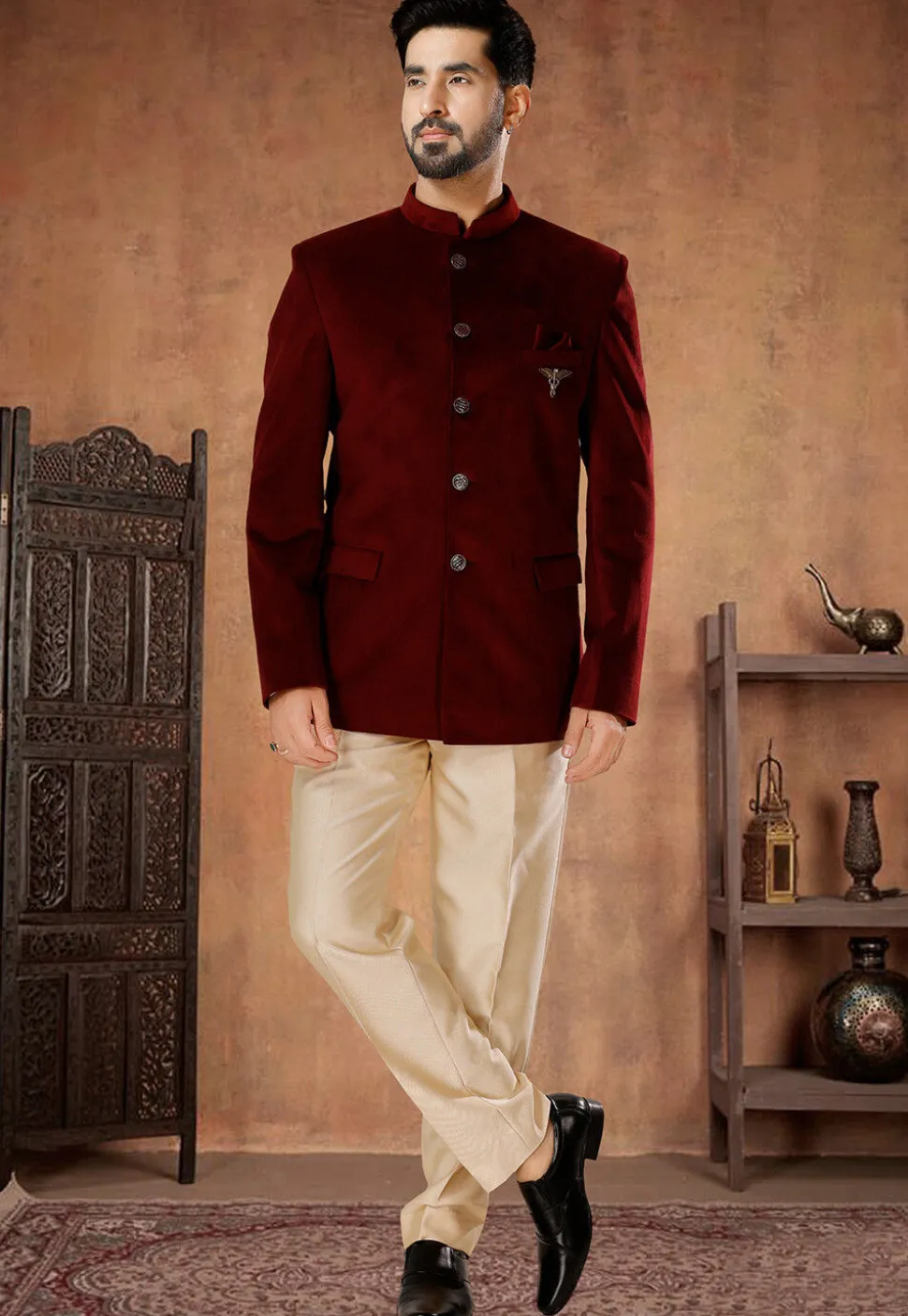 Solid Color Velvet Jodhpuri Suit in Maroon