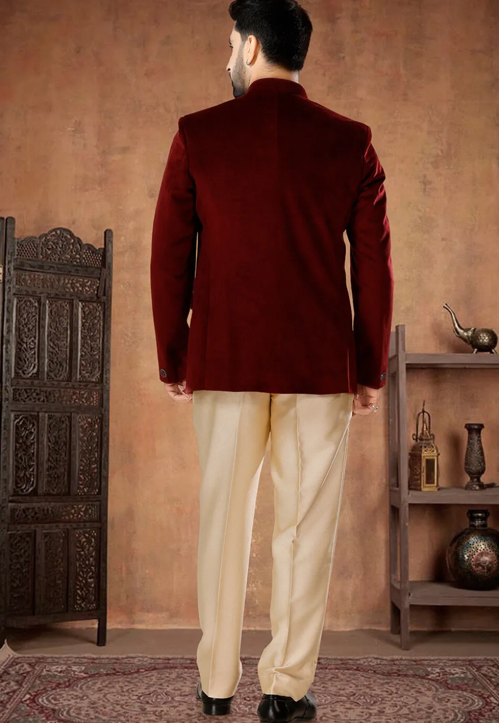 Solid Color Velvet Jodhpuri Suit in Maroon