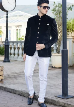 Solid Color Velvet Jodhpuri Suit in Black
