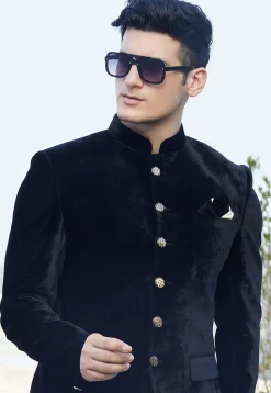 Solid Color Velvet Jodhpuri Suit in Black