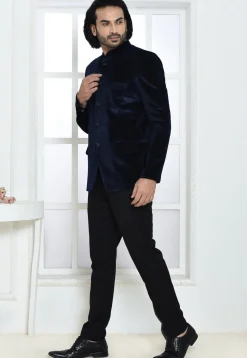 Solid Color Velvet Jodhpuri Suit in Navy Blue