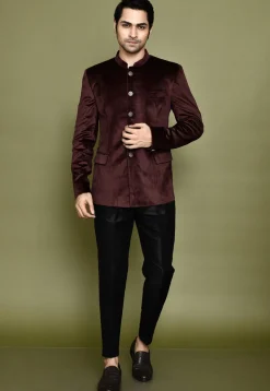 Solid Color Velvet Kurta Set in Wine