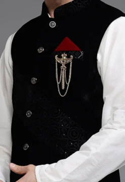 Solid Color Velvet Nehru Jacket in Black
