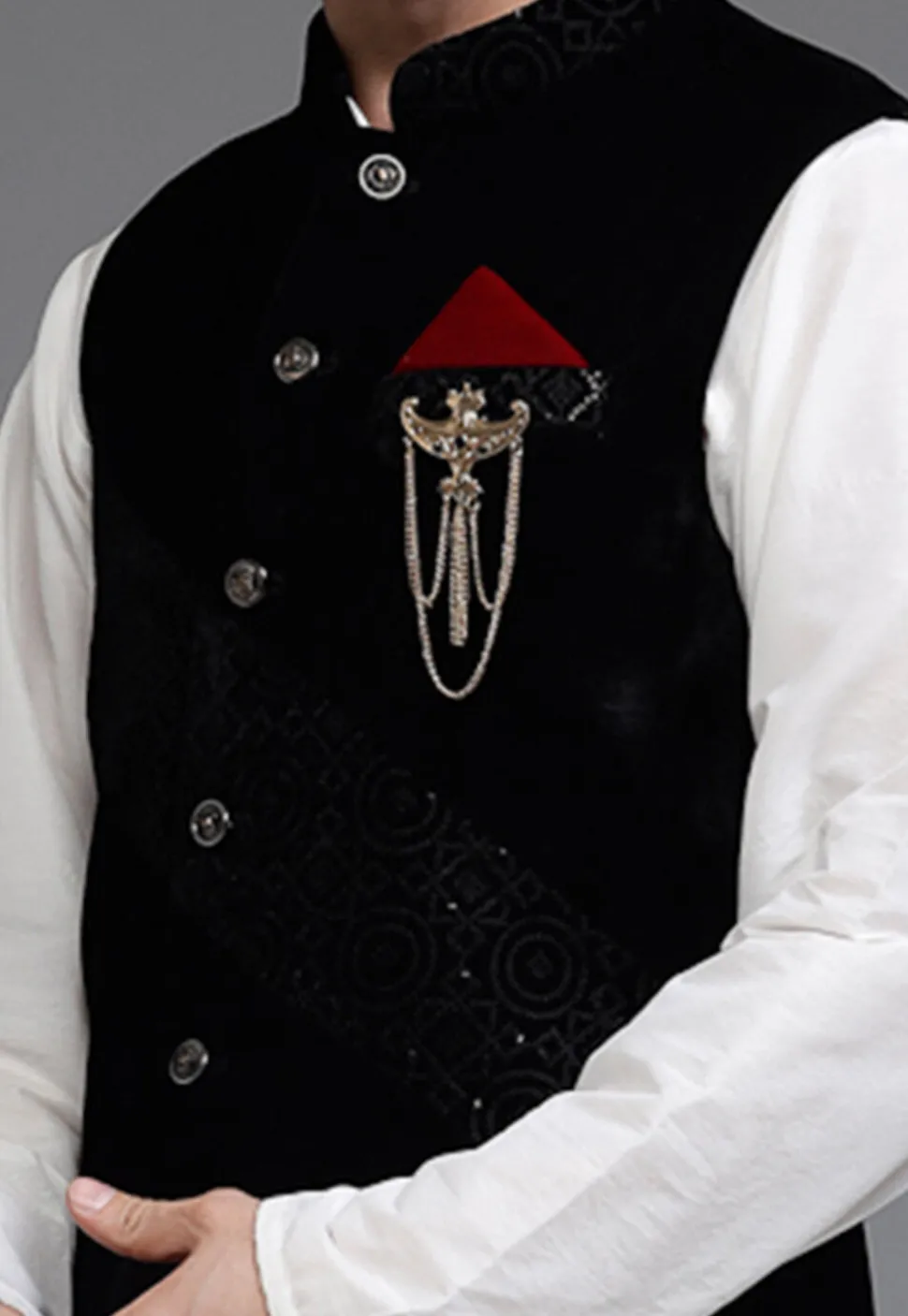 Solid Color Velvet Nehru Jacket in Black