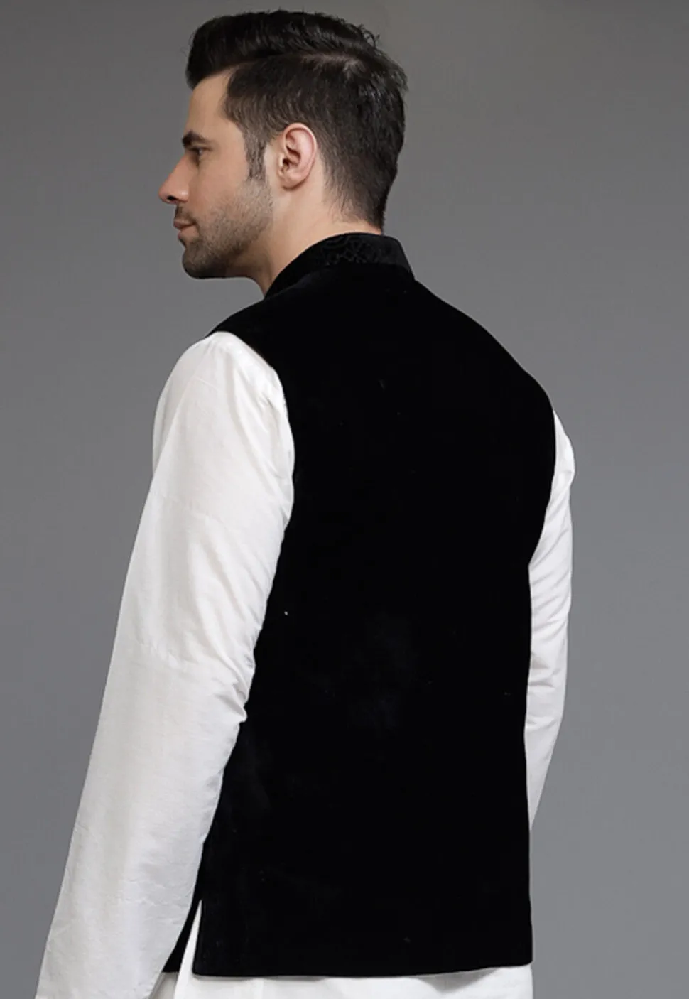 Solid Color Velvet Nehru Jacket in Black
