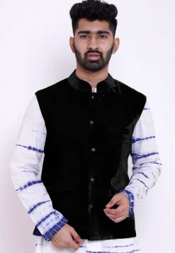 Solid Color Velvet Nehru Jacket in Black