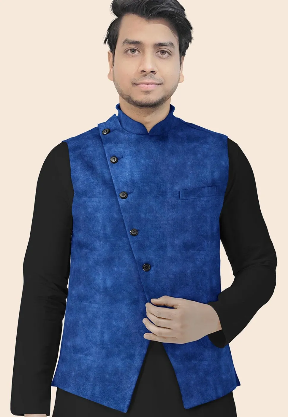 Solid Color Velvet Nehru Jacket in Royal Blue