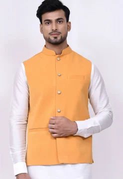 Solid Color Velvet Nehru Jacket in Mustard