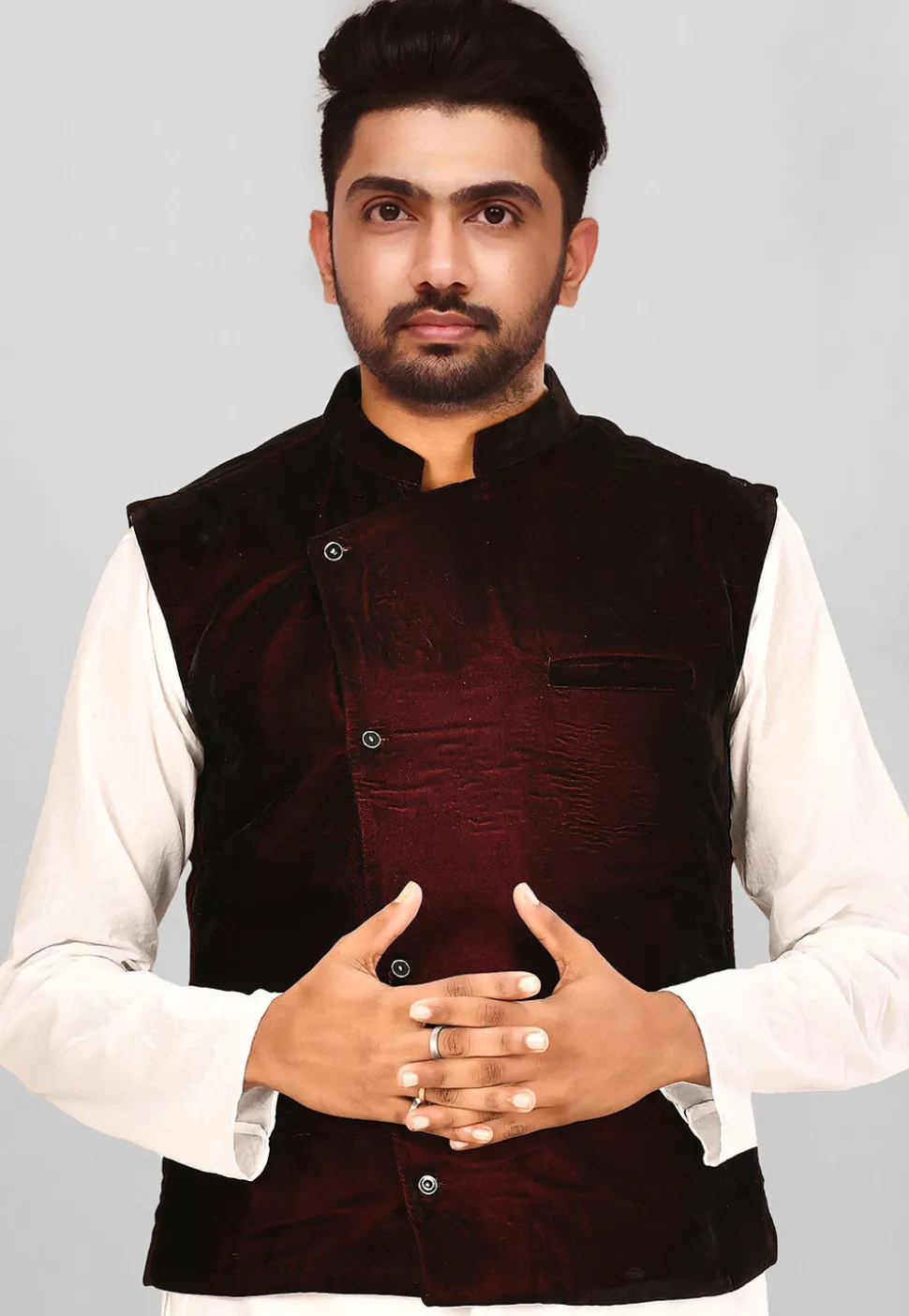 Solid Color Velvet Nehru Jacket in Maroon