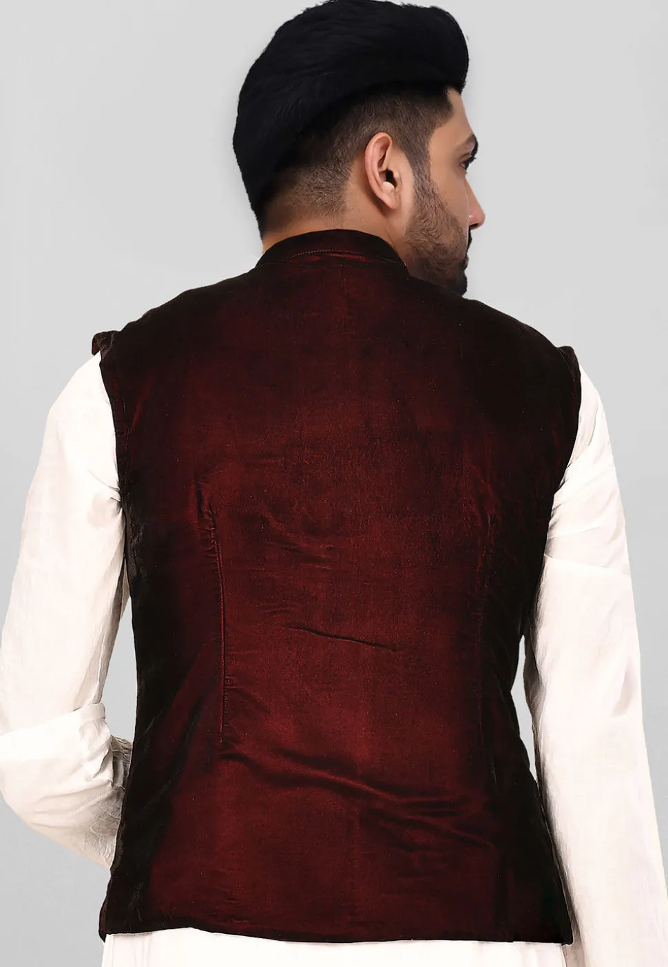 Solid Color Velvet Nehru Jacket in Maroon