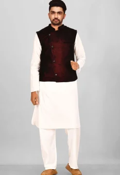Solid Color Velvet Nehru Jacket in Maroon