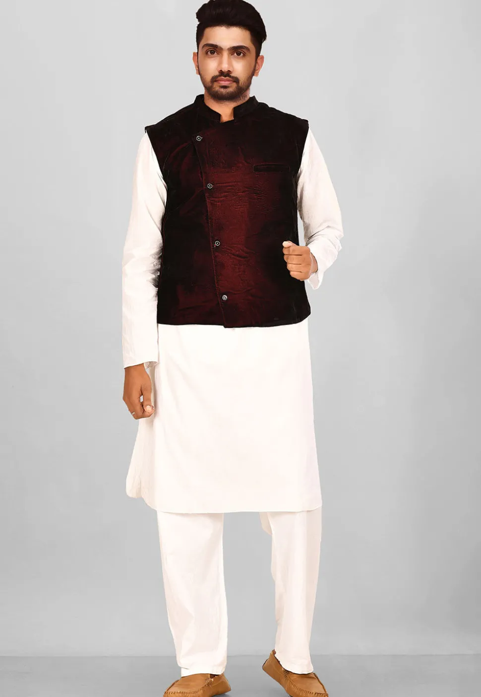 Solid Color Velvet Nehru Jacket in Maroon