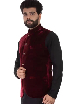 Solid Color Velvet Nehru Jacket in Maroon