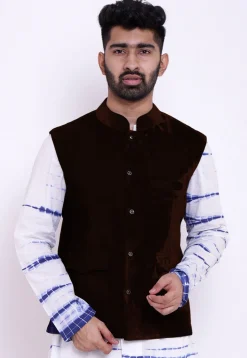 Solid Color Velvet Nehru Jacket in Dark Brown