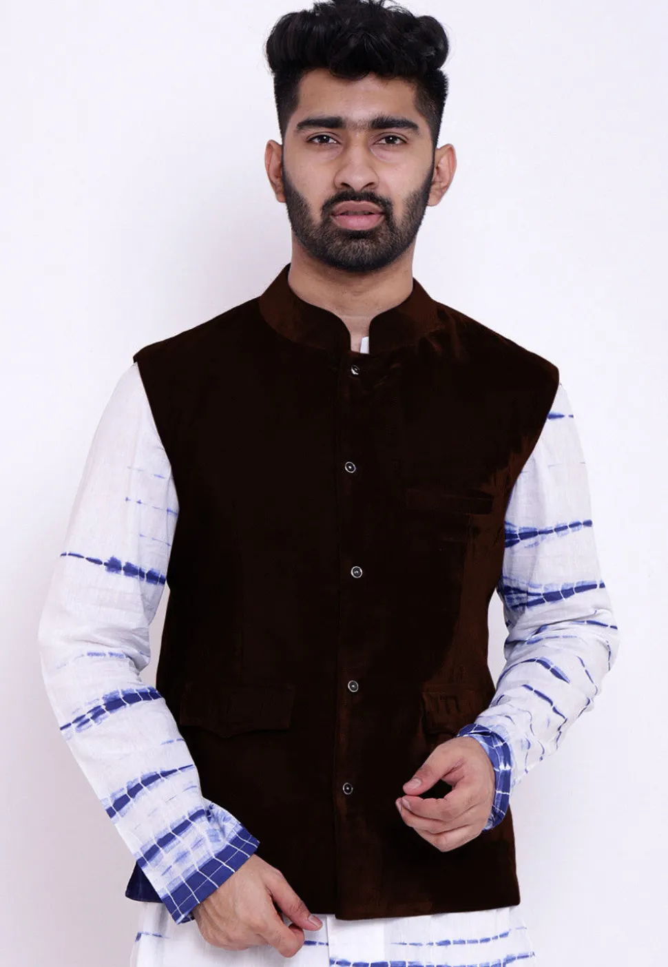 Solid Color Velvet Nehru Jacket in Dark Brown