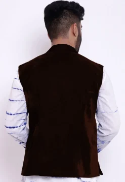 Solid Color Velvet Nehru Jacket in Dark Brown