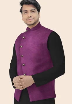 Solid Color Velvet Nehru Jacket in Dark Purple