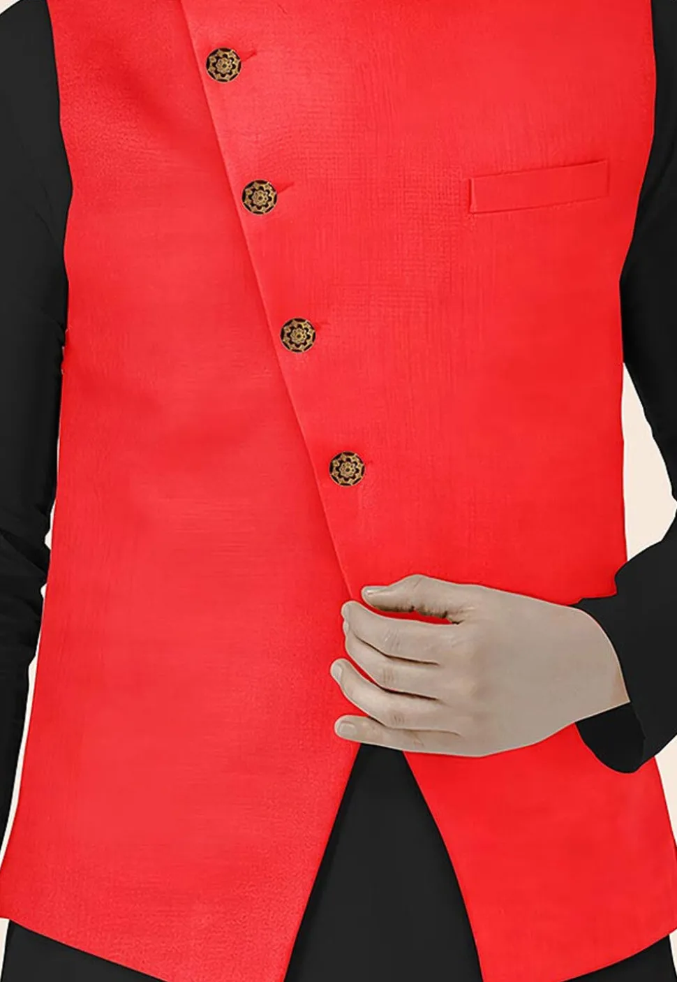 Solid Color Velvet Nehru Jacket in Red
