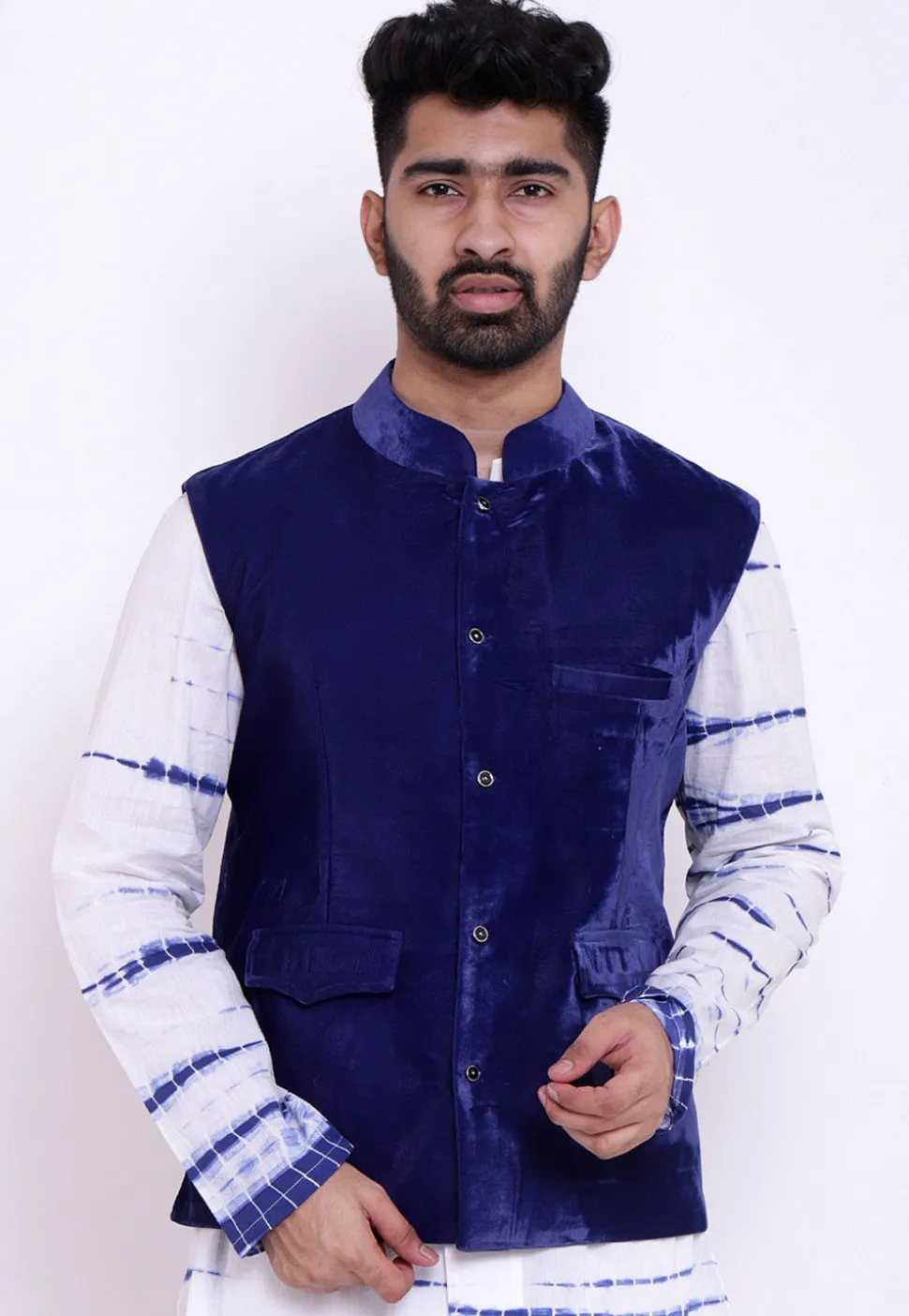 Solid Color Velvet Nehru Jacket in Royal Blue