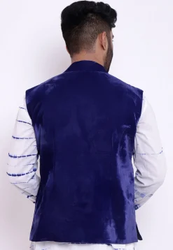 Solid Color Velvet Nehru Jacket in Royal Blue
