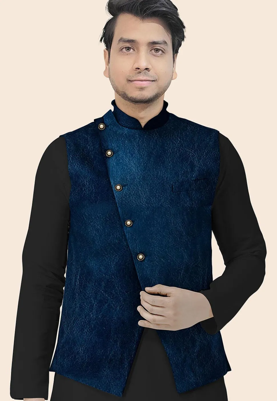 Solid Color Velvet Nehru Jacket in Navy Blue