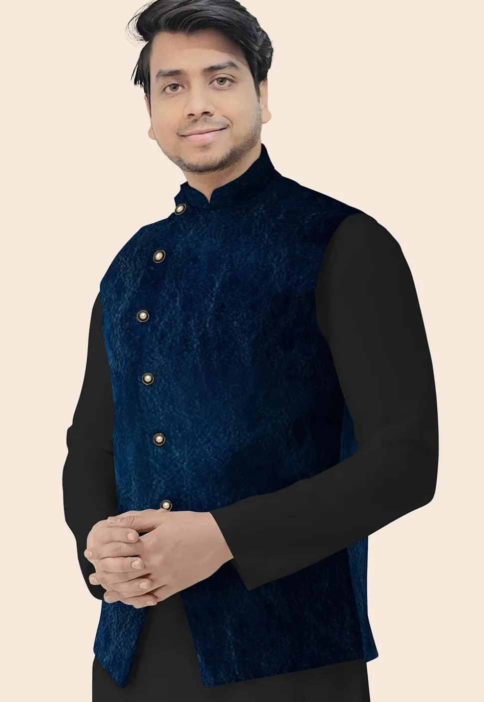 Solid Color Velvet Nehru Jacket in Navy Blue
