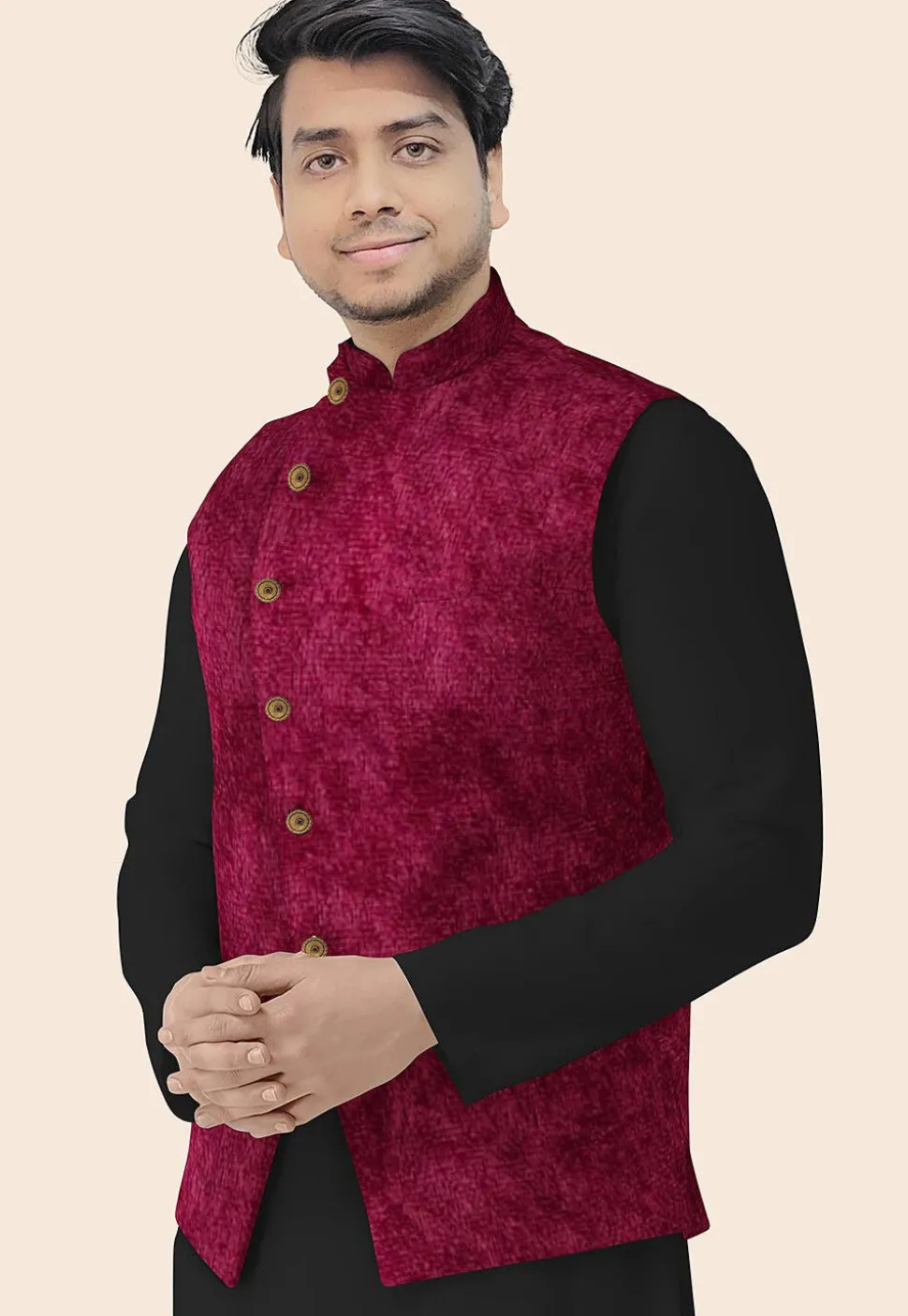 Solid Color Velvet Nehru Jacket in Maroon