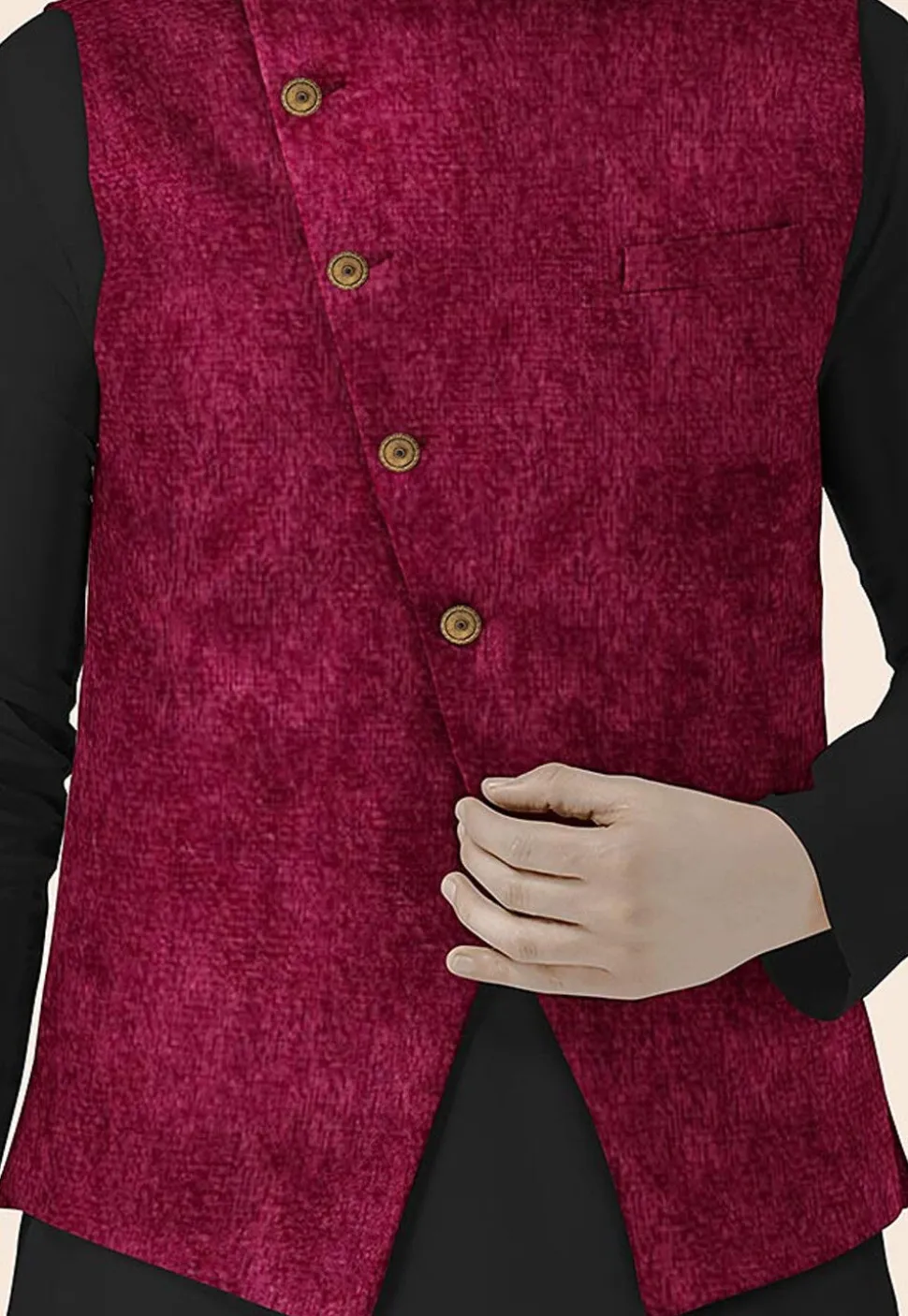 Solid Color Velvet Nehru Jacket in Maroon
