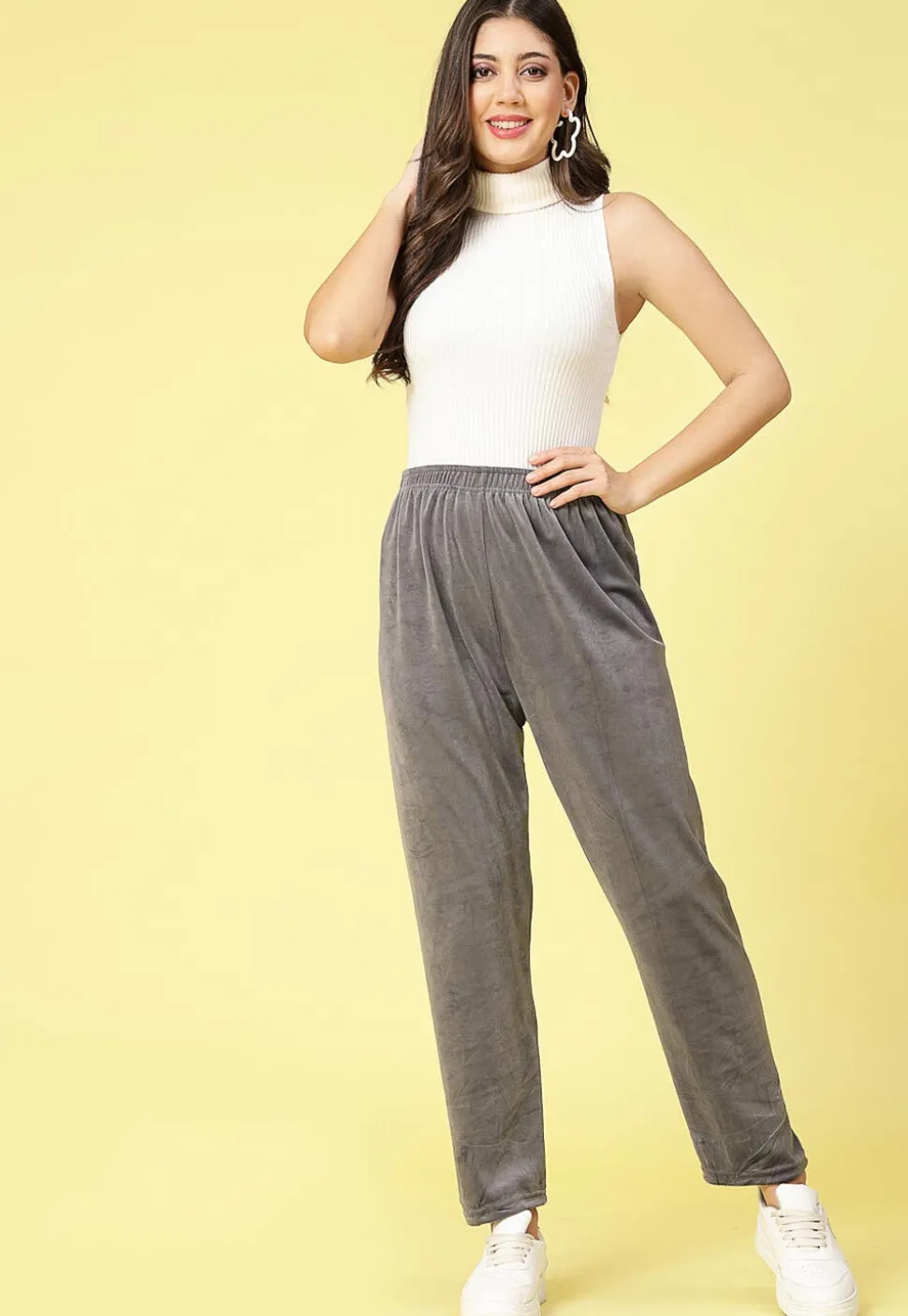 Solid Color Velvet Pant in Grey