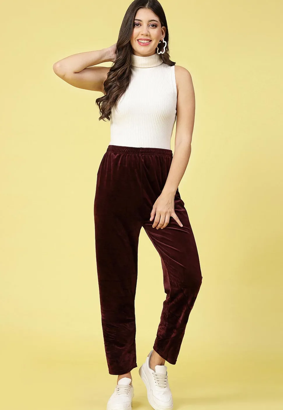 Solid Color Velvet Pant in Wine
