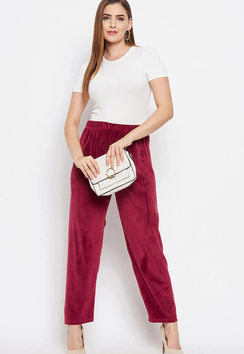 Solid Color Velvet Pant in Maroon