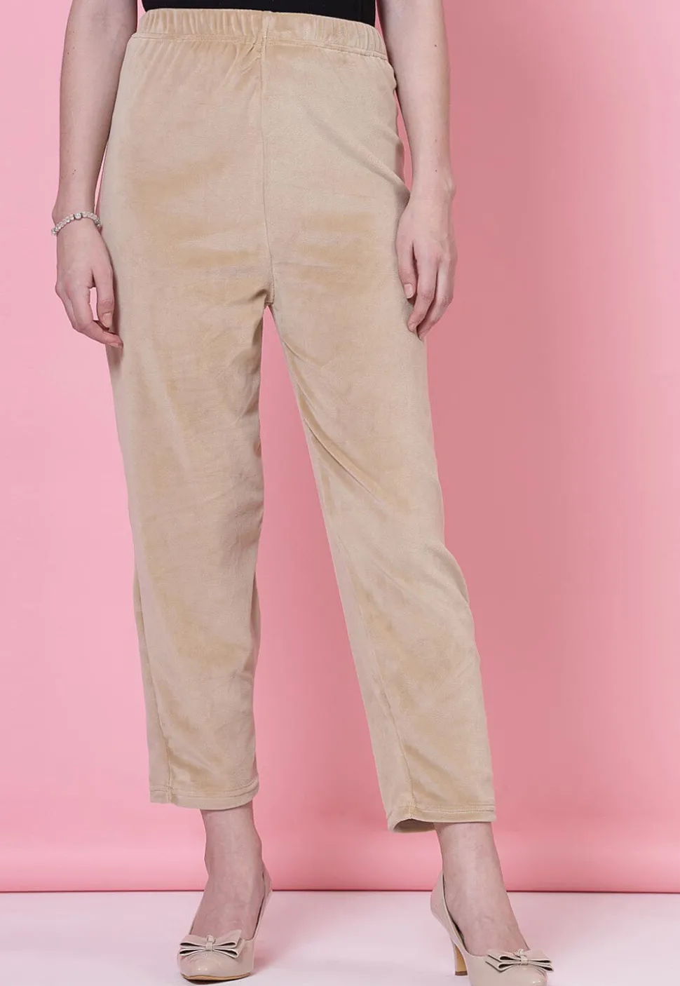 Solid Color Velvet Pant in Beige