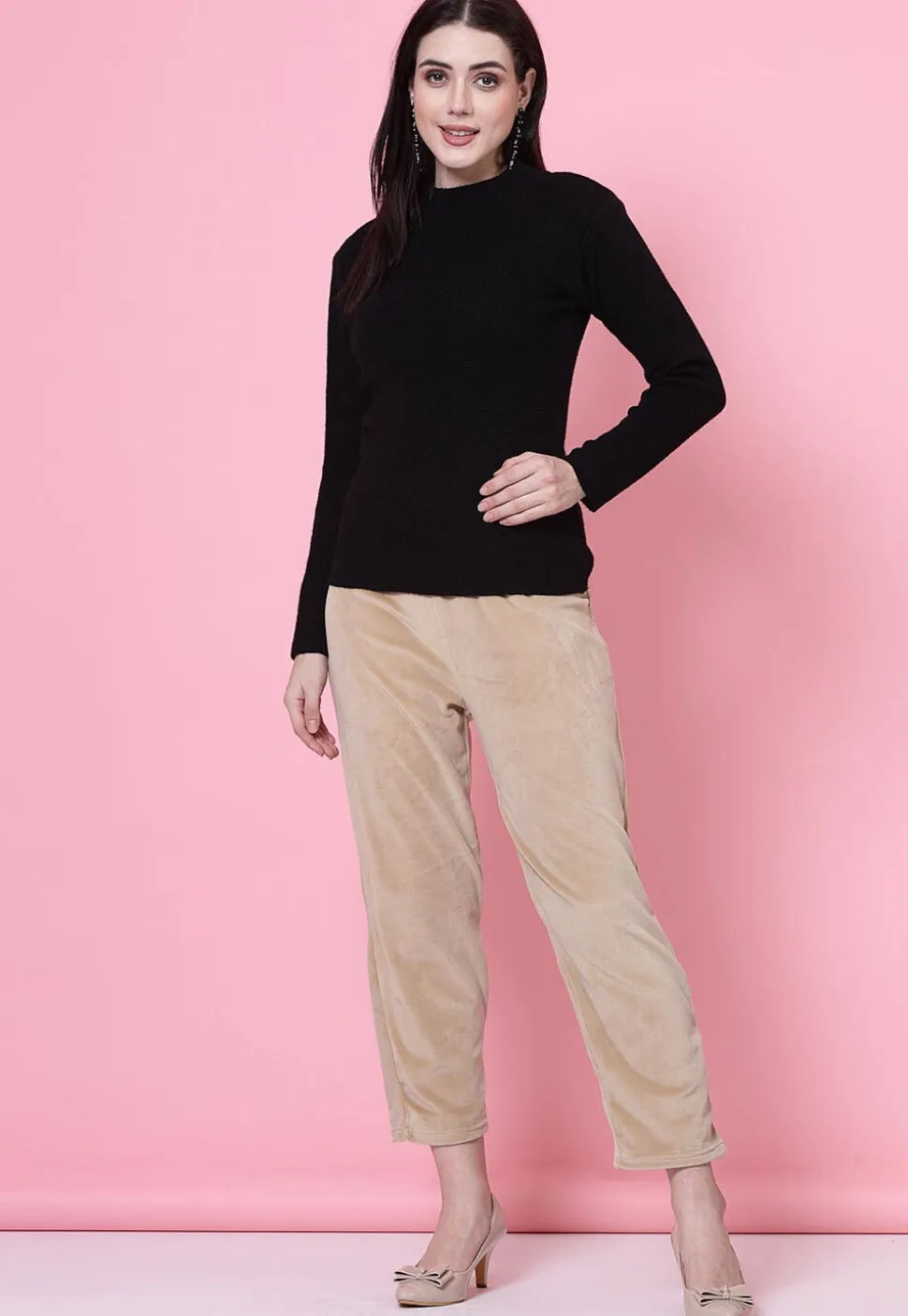 Solid Color Velvet Pant in Beige